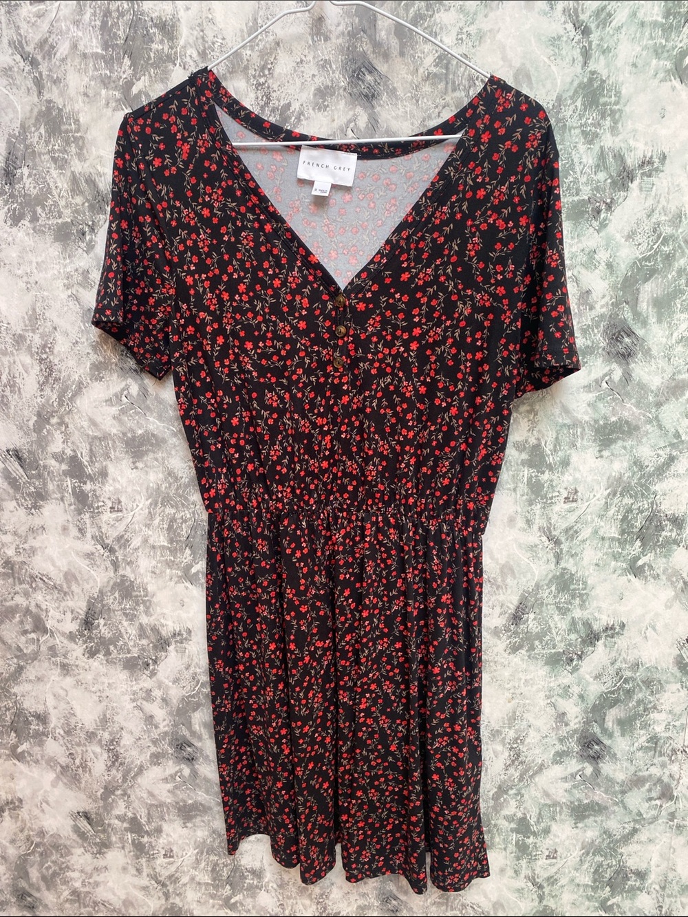 French Black Mini Dress with Red Floral Print